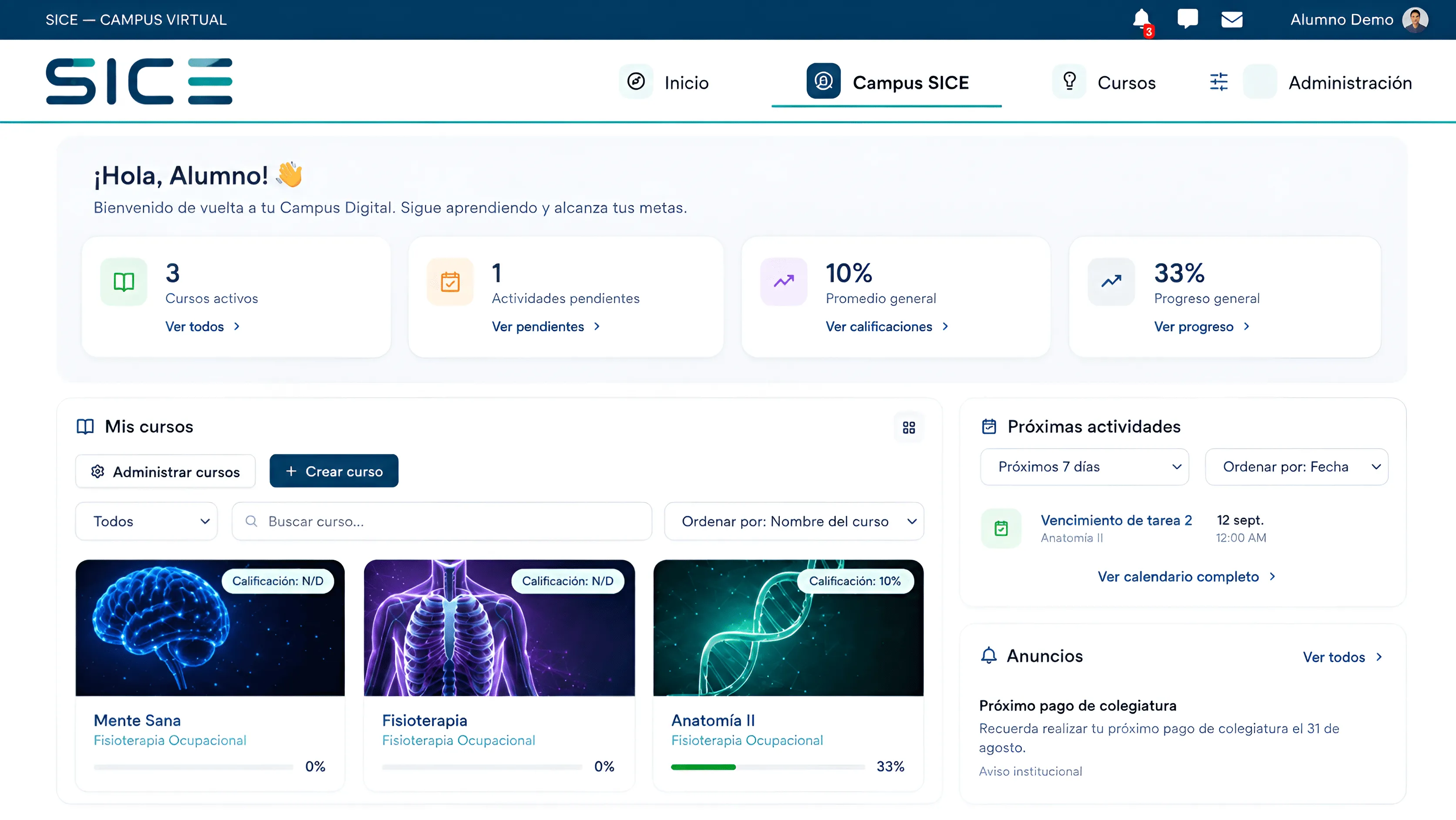Vista de seguimiento académico del LMS