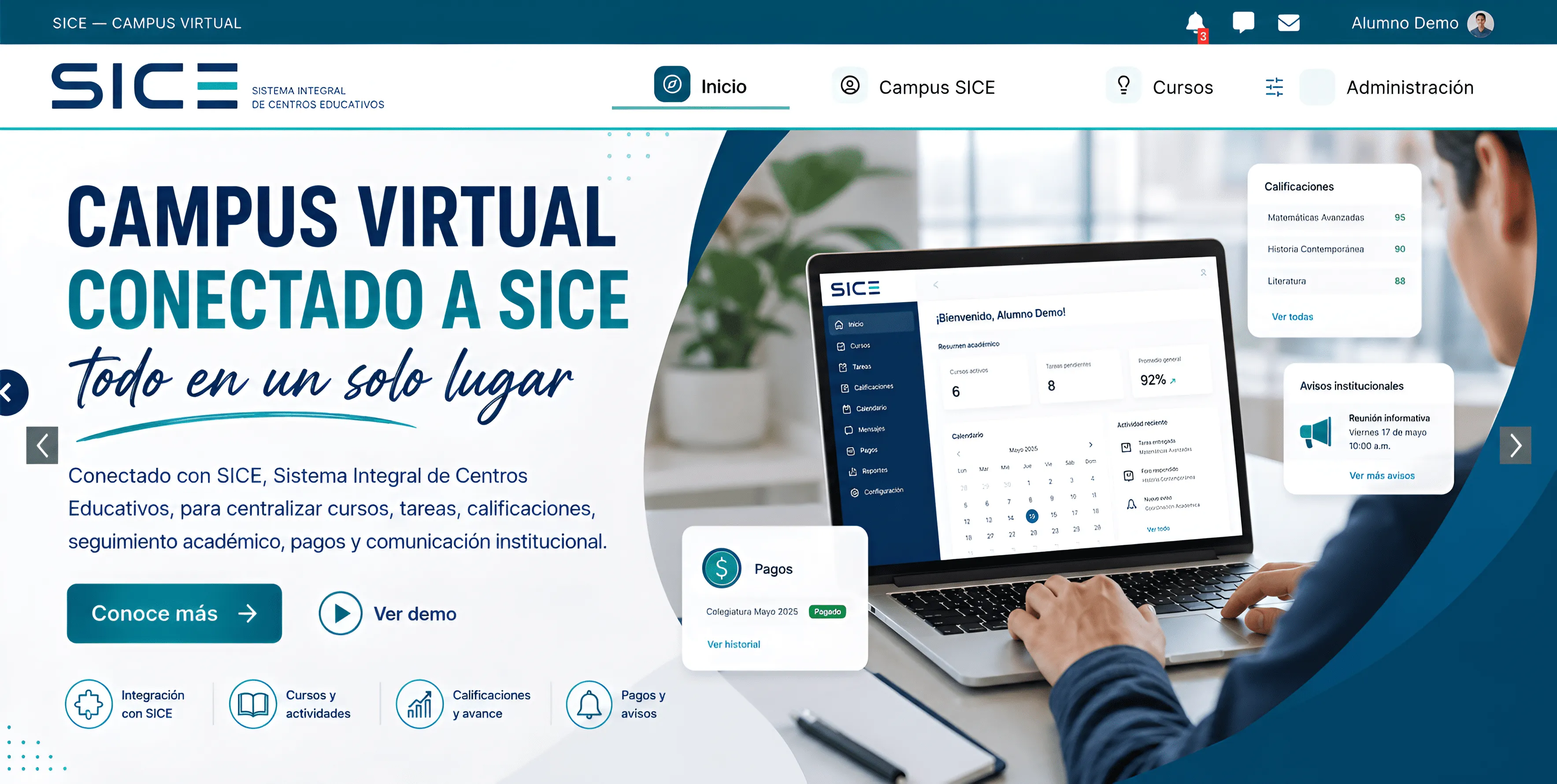 Vista general de la plataforma educativa conectada a SICE