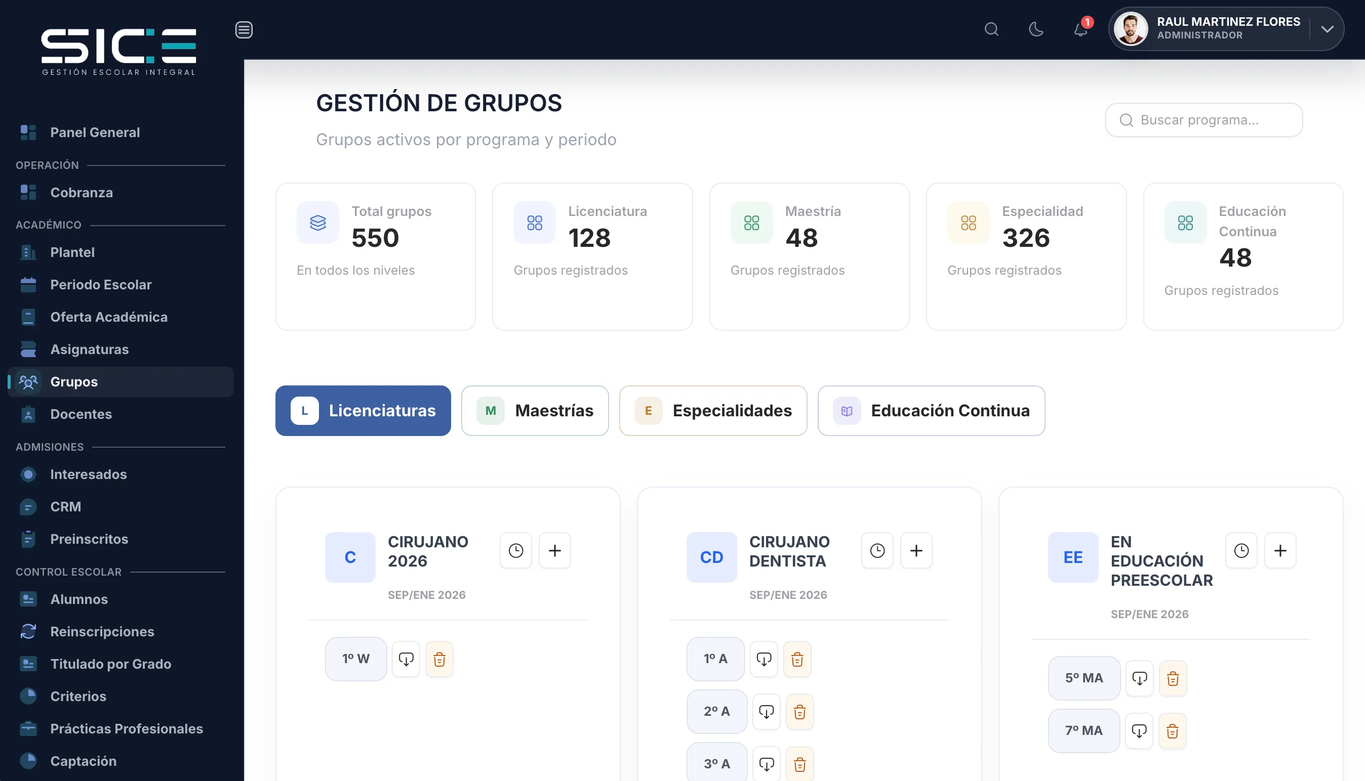 Vista de grupos en SICE
