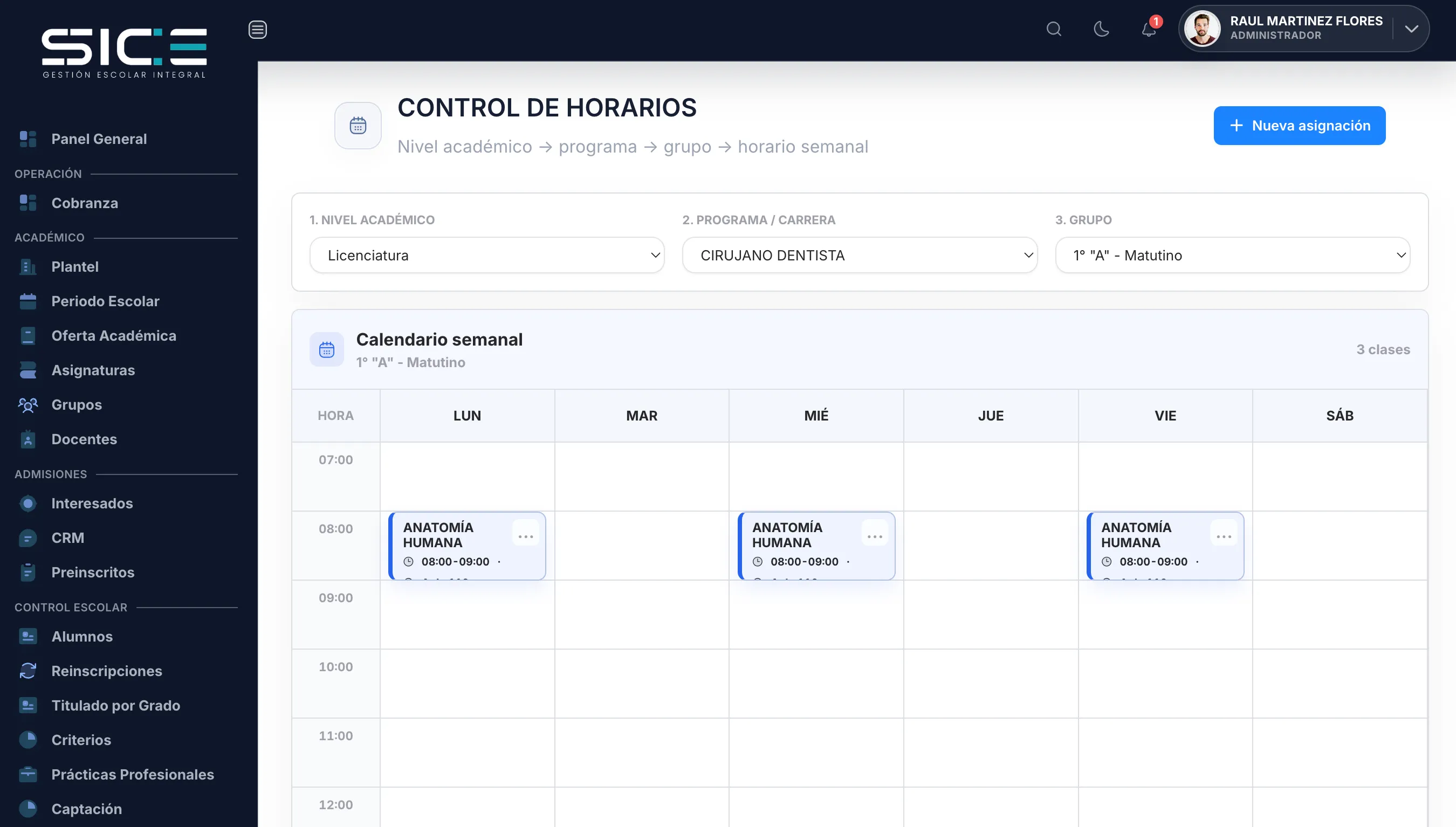Vista de horarios en SICE