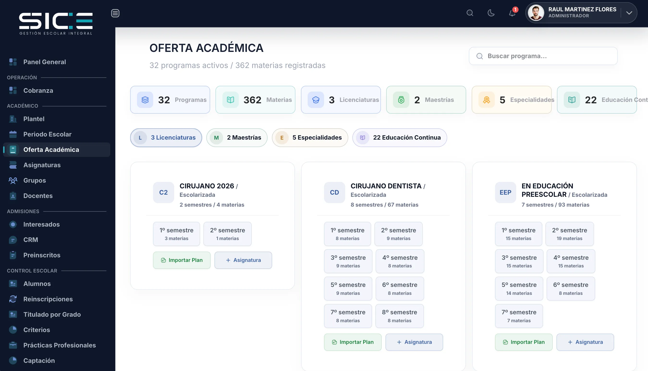 Vista de oferta académica en SICE