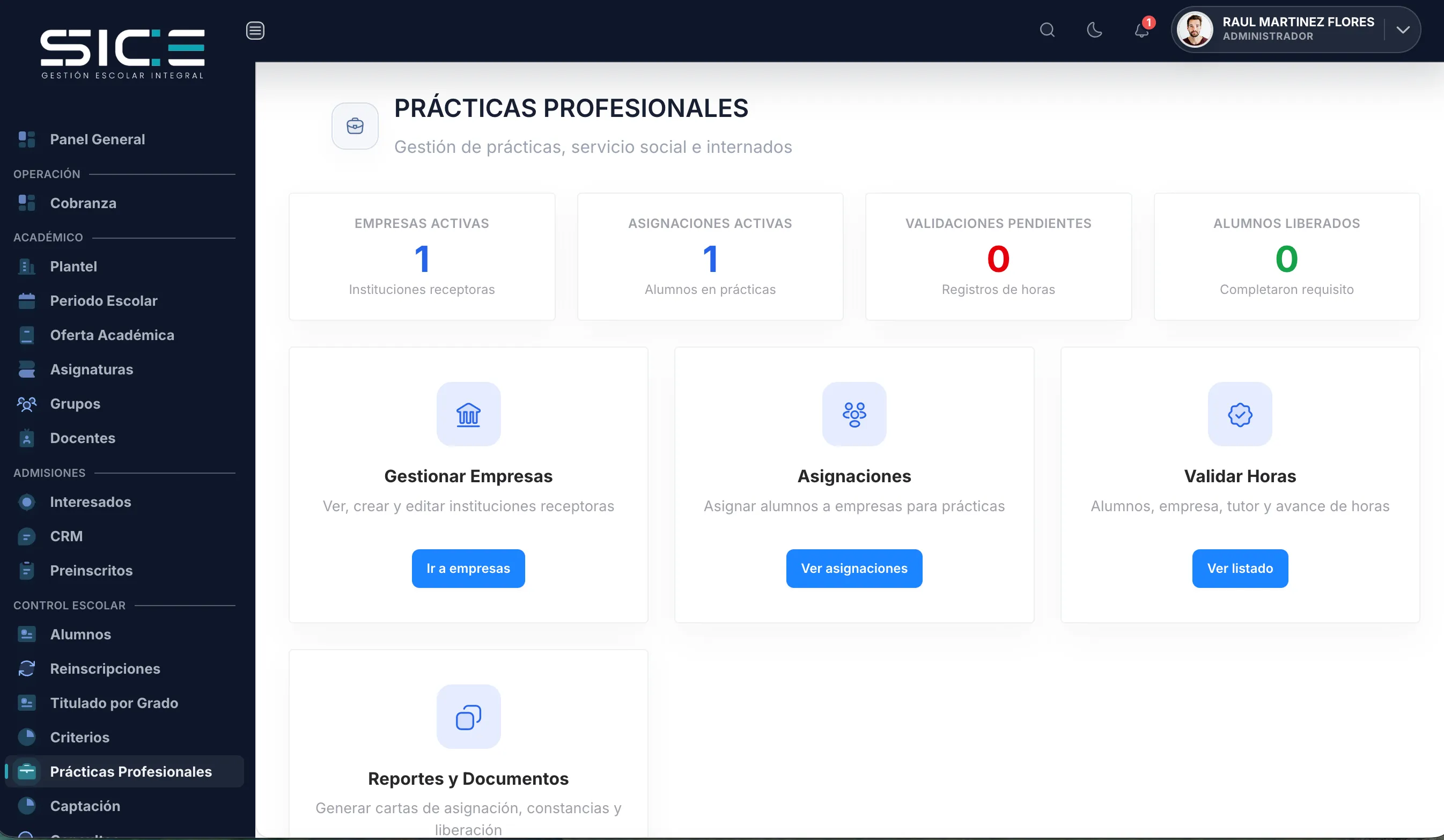 Vista de prácticas profesionales en SICE
